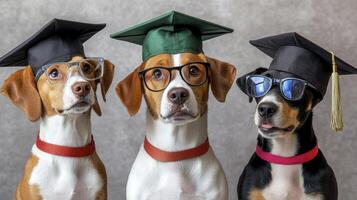Three Dogs in Graduation Caps and Glasses photo