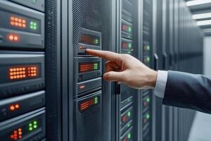 Hand Interacting with Server Rack in Data Center photo