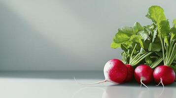 Red Radishes and Green Leaves on Gray Surface photo