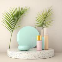 Pastel Cosmetic Products on Terrazzo Podium with Palm Leaves photo