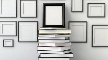 Blank Frame on Stack of Books Against Textured Wall photo