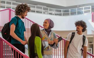 A group of happy diverse college students hanging out they are talking with each other while walking in the university hallway. photo