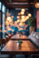 A table with a plant in it in front of a restaurant photo