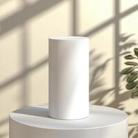 White Cylindrical Object on Round Pedestal in Soft Sunlight photo