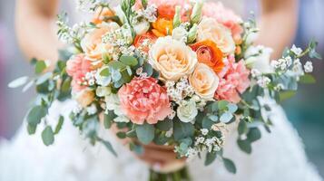 A bride holding a bouquet of orange and white flowers photo