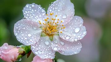 A close up of a pink flower with water droplets photo
