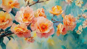 A painting of orange flowers on a branch photo