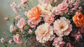 A painting of pink and orange flowers in a vase photo