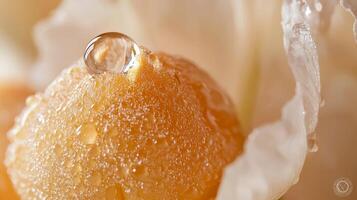 A close up of a water droplet on a white flower photo