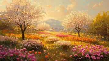 A painting of flowers and trees in a field photo