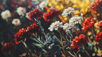 A painting of red and white flowers photo