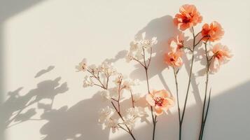 Flowers on a white wall with shadows photo