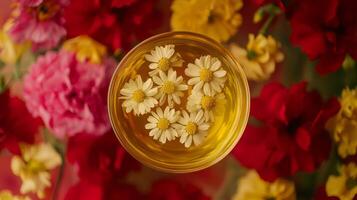 A bowl of flowers with yellow liquid in it photo
