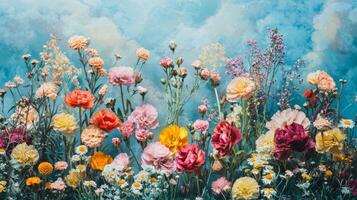 A painting of flowers and clouds photo