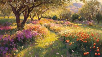 A painting of a field with flowers and trees photo