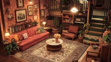 A living room with a red couch and a table photo