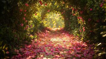 A path with pink flowers leading to a tunnel photo