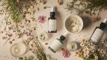 A variety of products including a bottle of lotion, a bottle of oil, and a bowl photo