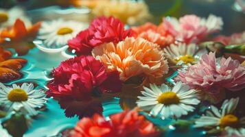 Flowers floating in water with water reflections photo