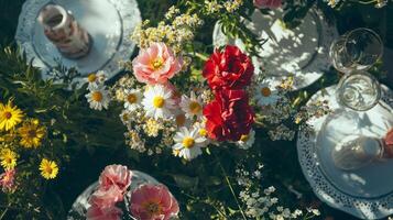 A table with flowers and plates of food photo