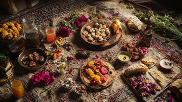 A table with food and flowers on it photo