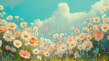 A painting of flowers in a field with a blue sky photo
