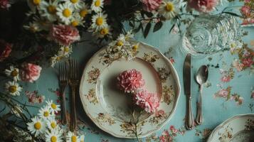 A table setting with flowers and plates photo