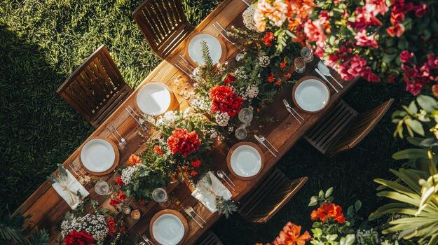 An overhead view of a table set for dinner photo