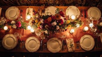 A table set for dinner with candles and flowers photo