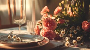 A table setting with flowers and wine glasses photo