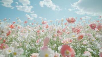 A field of flowers with a blue sky in the background photo