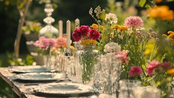 A table with a vase of flowers and plates photo