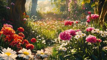 un hermosa jardín con flores y arboles foto