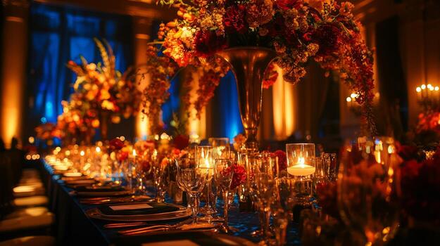 A long table with candles and flowers photo