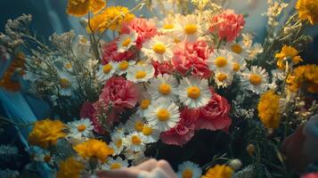 A bouquet of flowers is shown in the sunlight photo