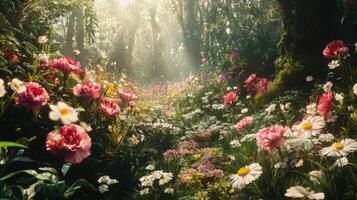A beautiful forest with flowers and sunbeams photo