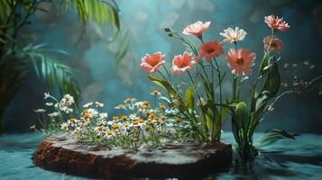 Flowers in water on a wooden stump photo