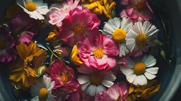 A bowl full of flowers floating in water photo