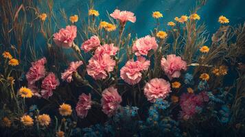 Pink flowers and yellow flowers are in a field photo