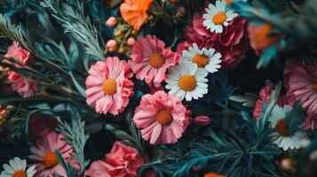 Pink flowers and white daisies are shown in this photo