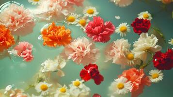Flowers floating in water with water bubbles photo