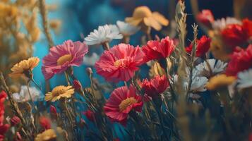 Colorful flowers are in the field with a blue sky photo
