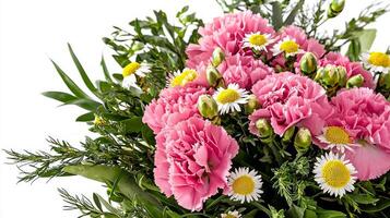 A bouquet of pink carnations and daisies photo