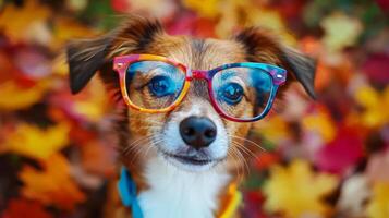 A dog wearing colorful glasses in the fall photo