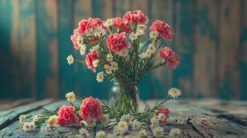 Pink carnations and daisies in a vase on a wooden table photo