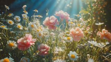 Flowers in the sun with rays shining through photo