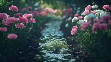 A path through a field of pink and white flowers photo