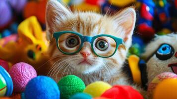 A cat with glasses sitting in a pile of toys photo