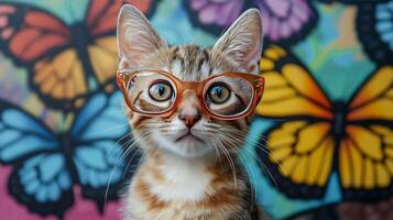 A cat wearing glasses in front of a colorful background photo