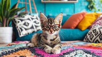 A cat wearing glasses sits on a colorful rug photo